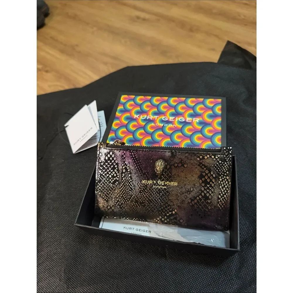 Kurt Geiger Iridescent Black Snake-Print Zip Wallet with Gold Accents